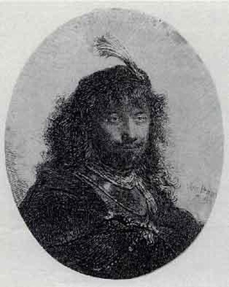 Self portrait with plumed cap by Attributed to Rembrandt Harmensz van Rijn