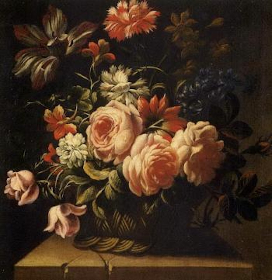 Rose e altri fiori in un cesto di vimini su un piano di pietra by Giuseppe Recco