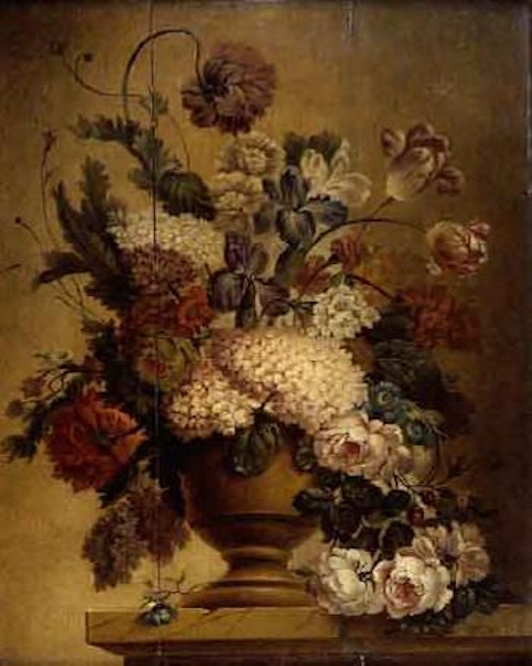 Vases de fleurs sur un entablement by French School