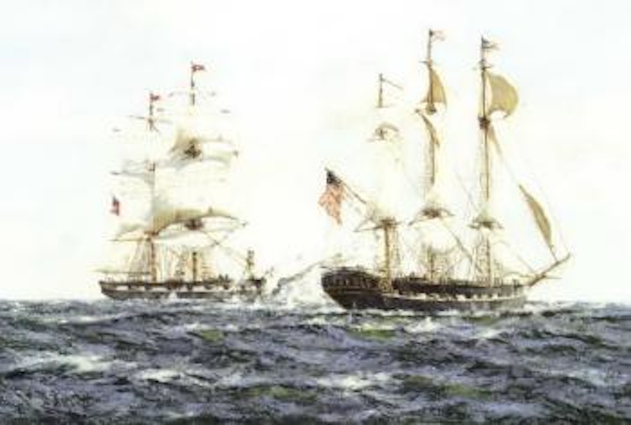 Frigate USS Constitution and British frigate Java in battle by Henry Scott