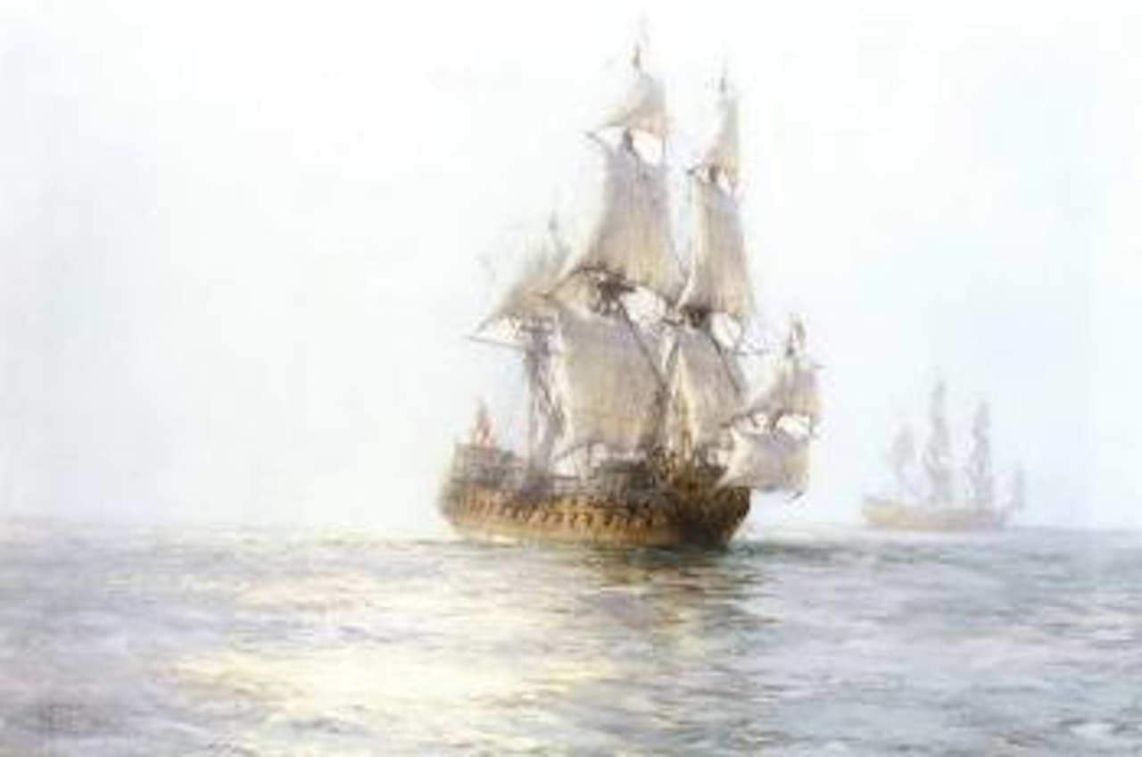 Royal Charles on sunlit waters by Montague Dawson