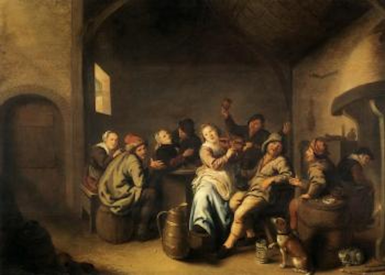 Interior of a tavern with figures merrymaking and a woman playing a fiddle by Jan Miense Molenaer