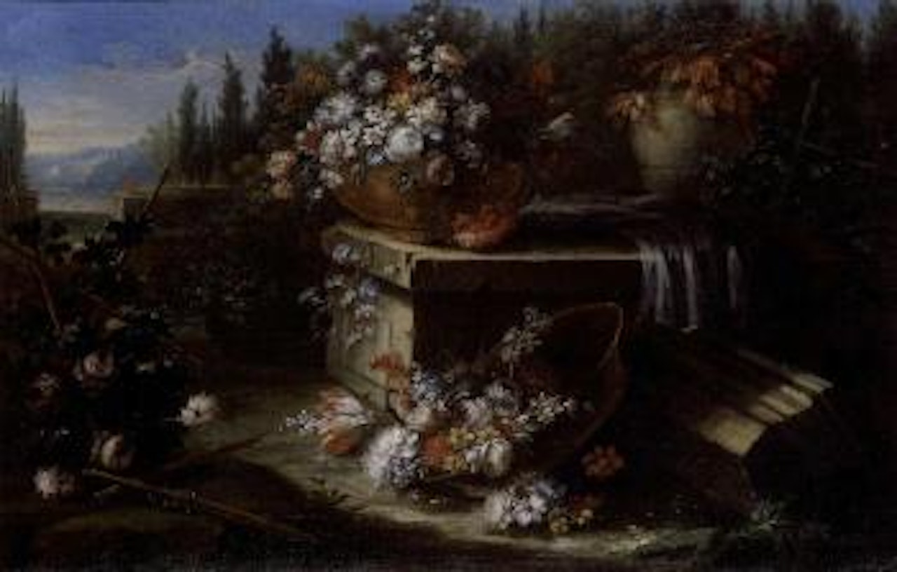Mixed flowers in a bowl on a ledge with a basket of flowers in a landscape by Gasparo Lopez