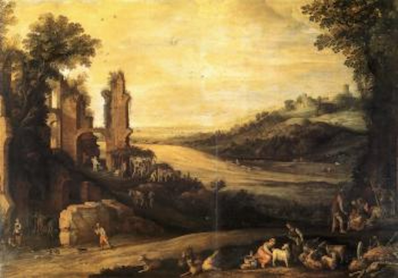 Landscape with villagers and ruins in the background by Paul Bril
