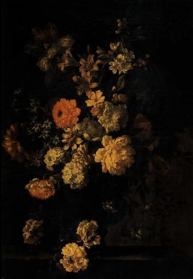 Peonies, lilies, tulips, morning glories and other flowers in a vase on a ledge by Jean Baptiste Monnoyer
