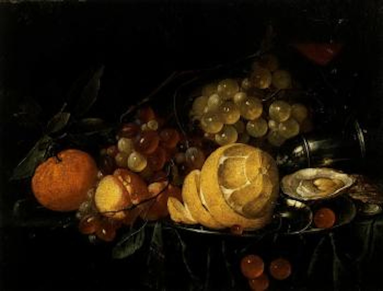 Still life of fruit, oysters, a spice castor and glass of wine on a ledge by Cornelis de Heem