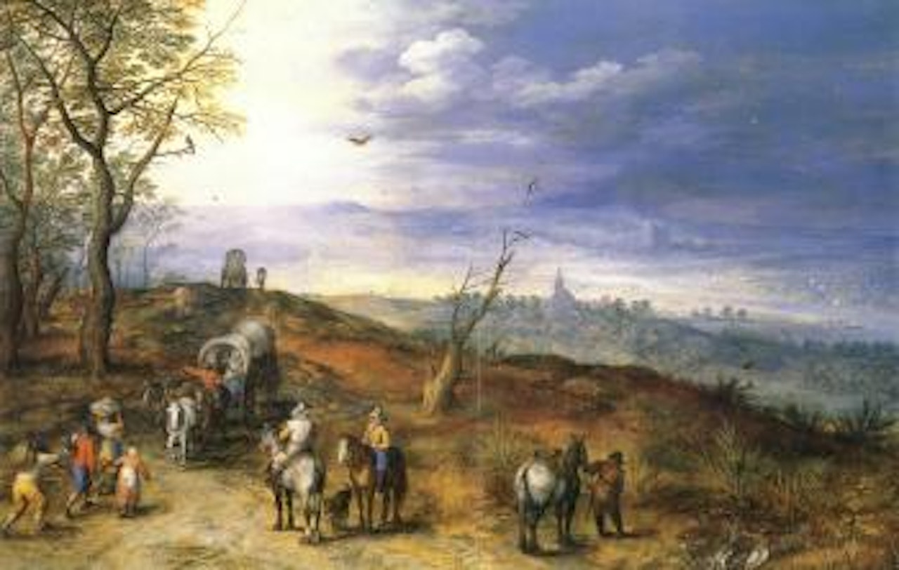 Landscape with villagers, horsemen and wagons on a path by Jan Brueghel the Younger