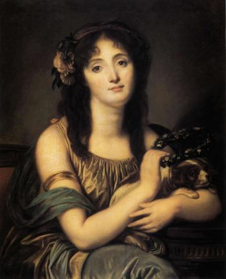 Portrait of a young girl crowning a dog by Jean-Baptiste Greuze
