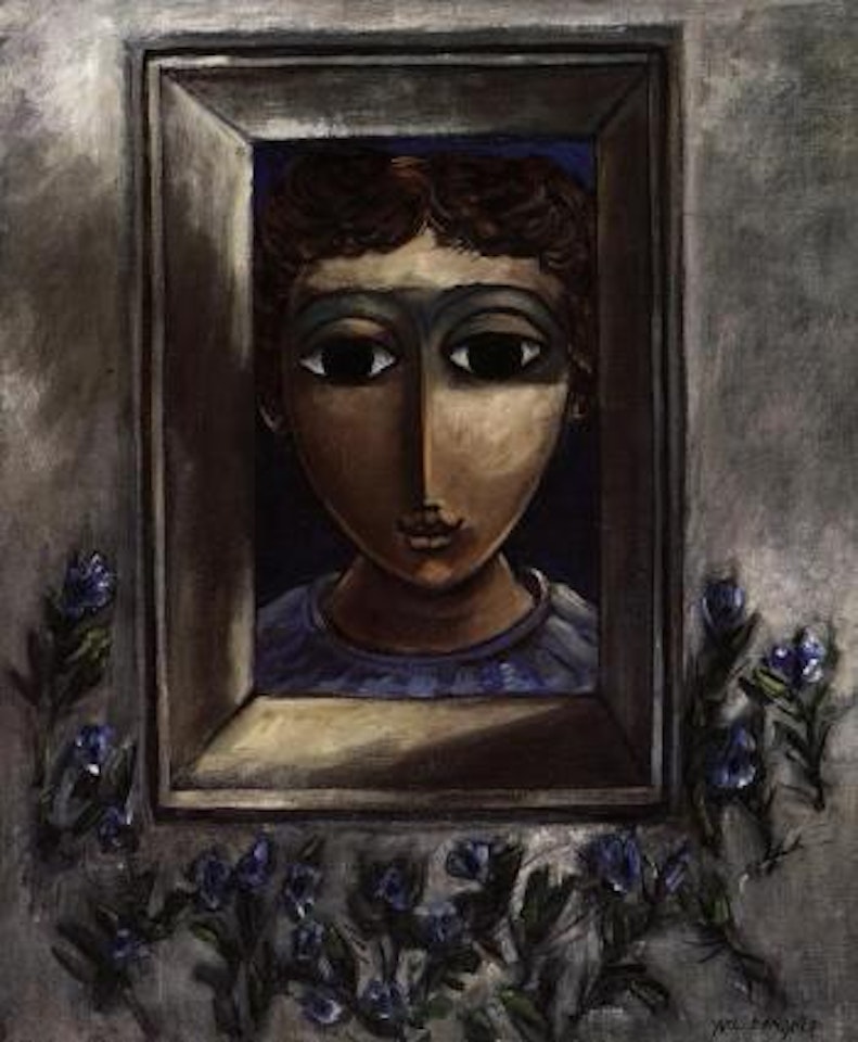 Head of woman in frame with leaves by Yosl Bergner