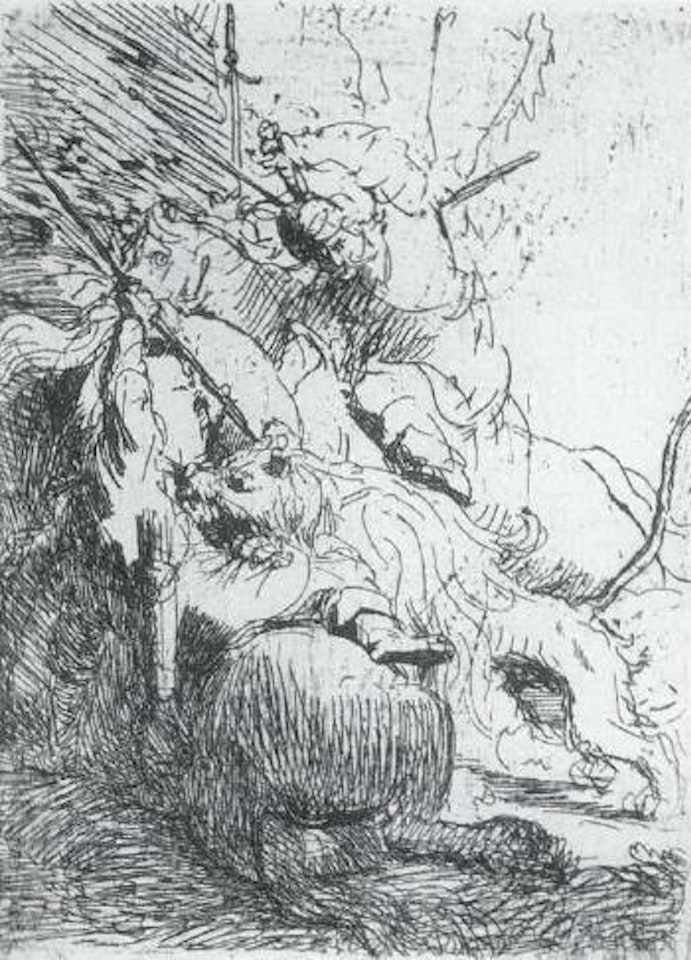 Lion hunt by Attributed to Rembrandt Harmensz van Rijn