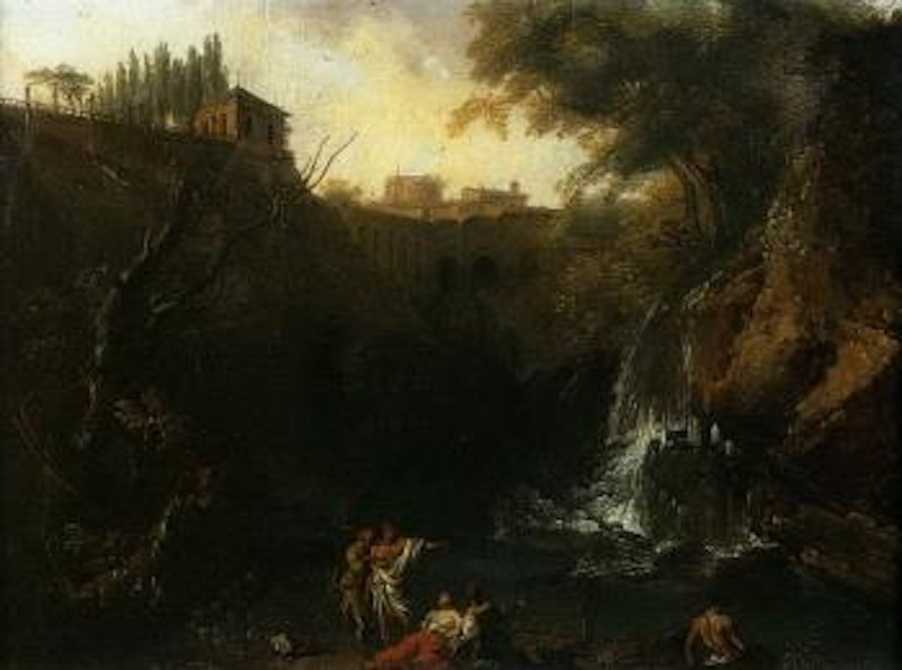 Las cascatelles, Tivoli. Navires sur une mer agitee pres d'une cote rocheuse by Claude Joseph Vernet