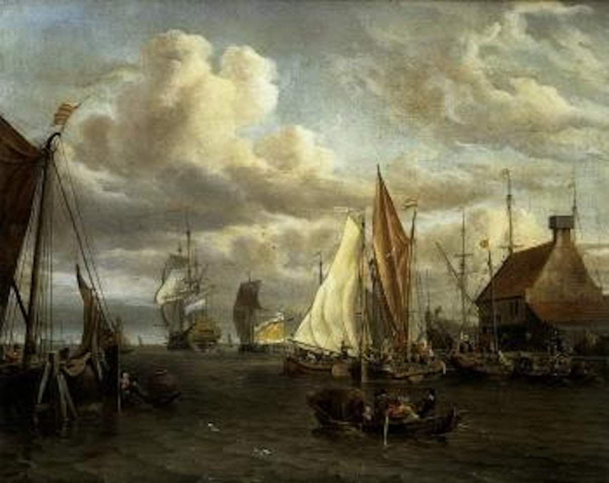 Navires hollandais et barques de pecheurs pres d'un port by Abraham Storck