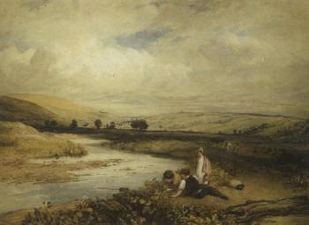 Children fishing on a river in Cumberland by Edward Duncan