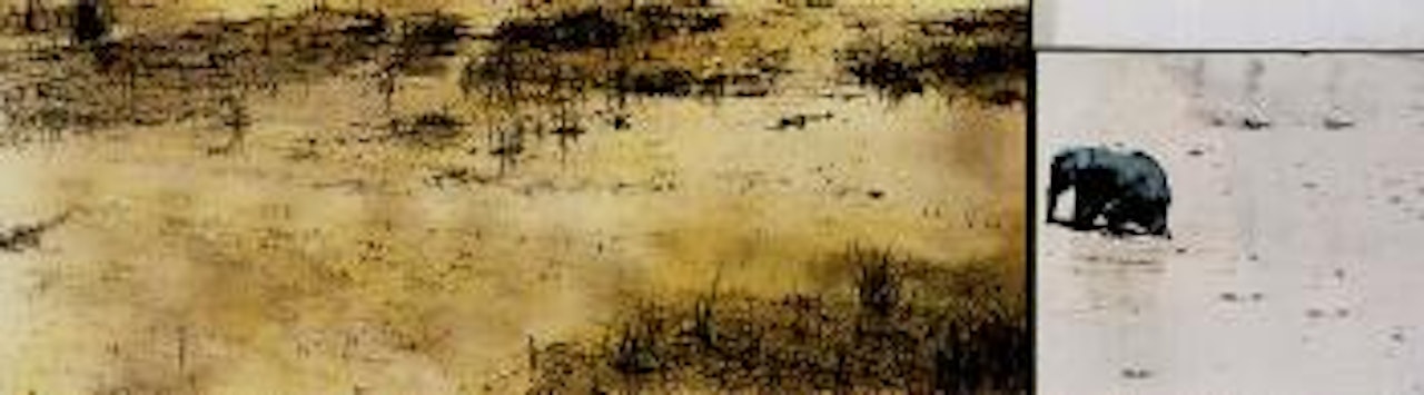 Yellow slough with blue elephant by John Baldessari