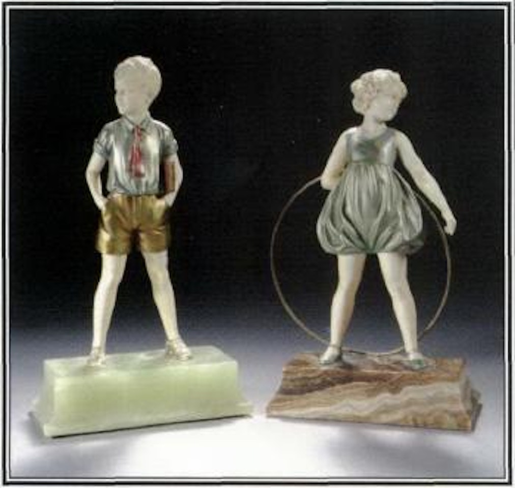 Young girl standing before a hoop. Young boy in shorts and red tie by Ferdinand Preiss