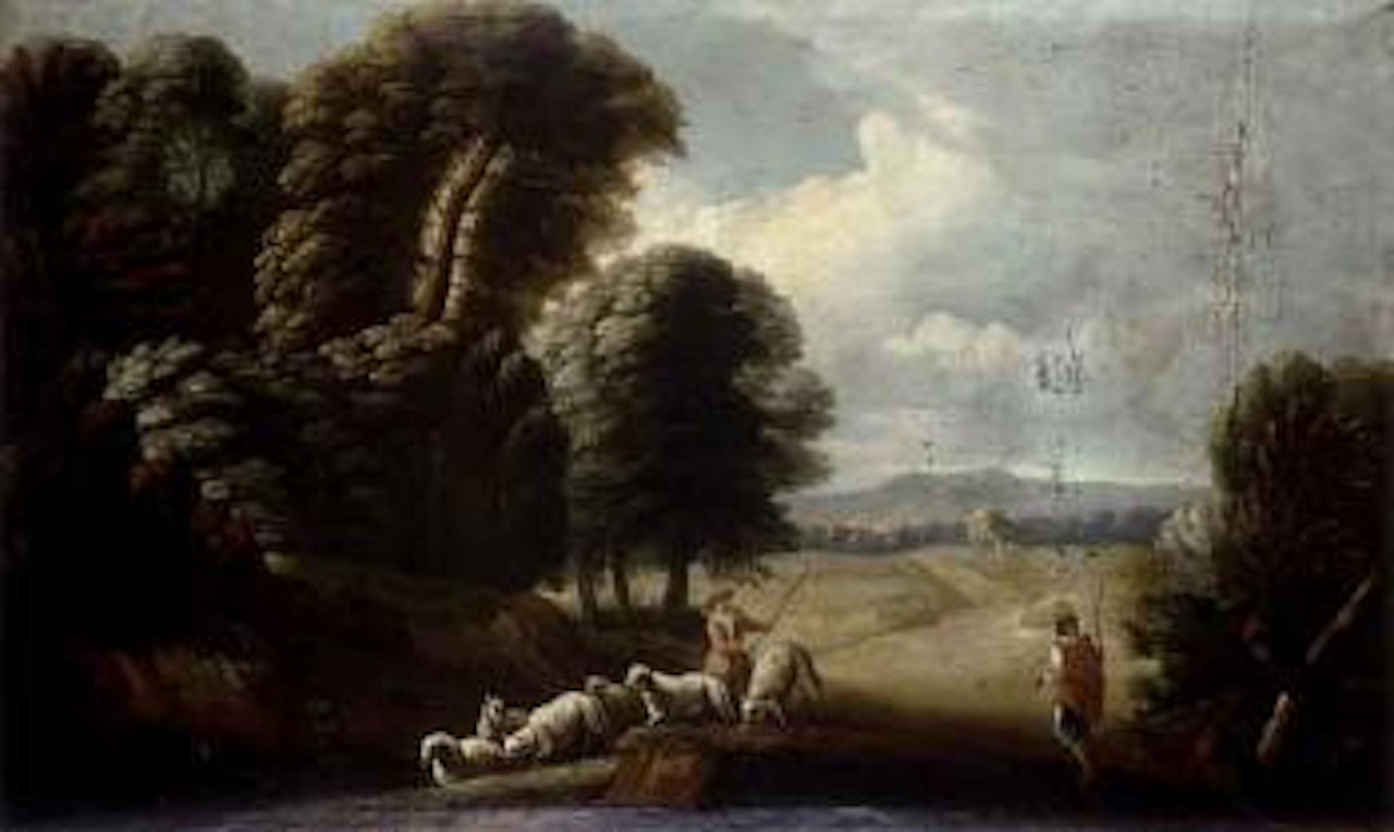 Shepherds with their flock in a wooded landscape by French School