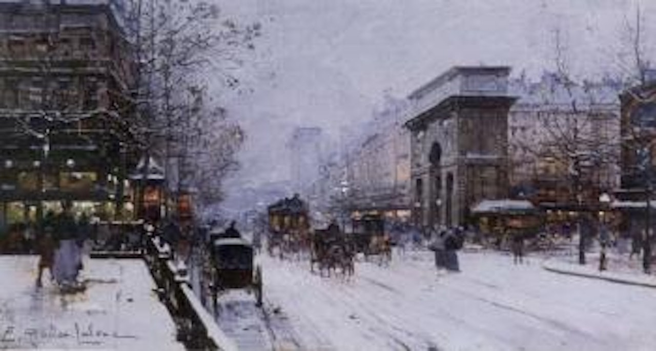 Le porte Saint Martin and les Grands Boulevards in winter by Eugene Galien-Laloue