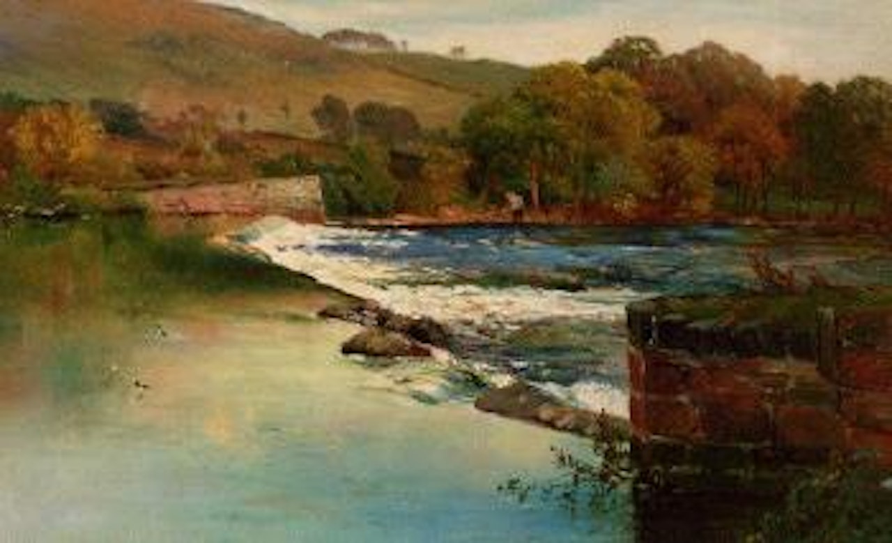 Angler fishing by a weir by Alfred de Breanski