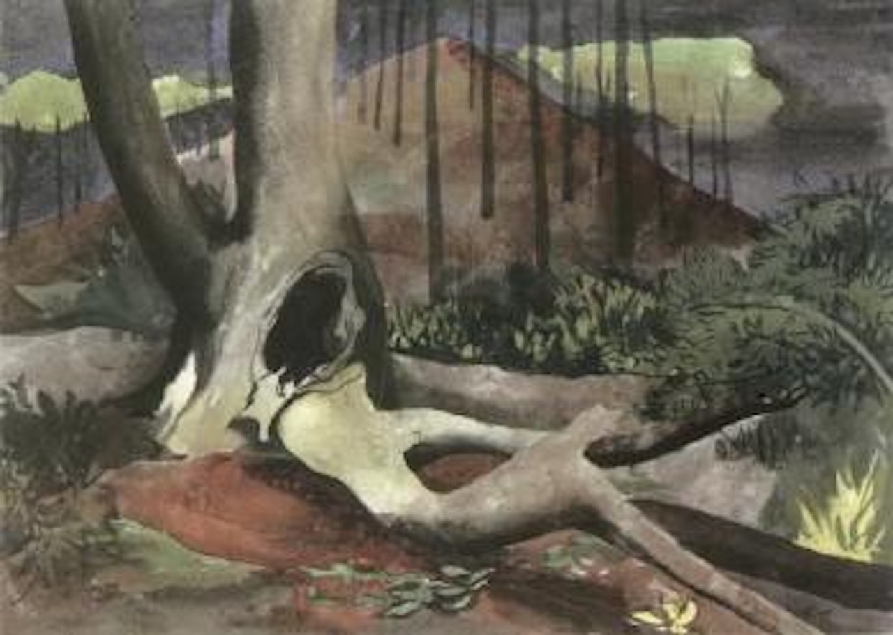 Uprooted trees, red landscape by William Scott