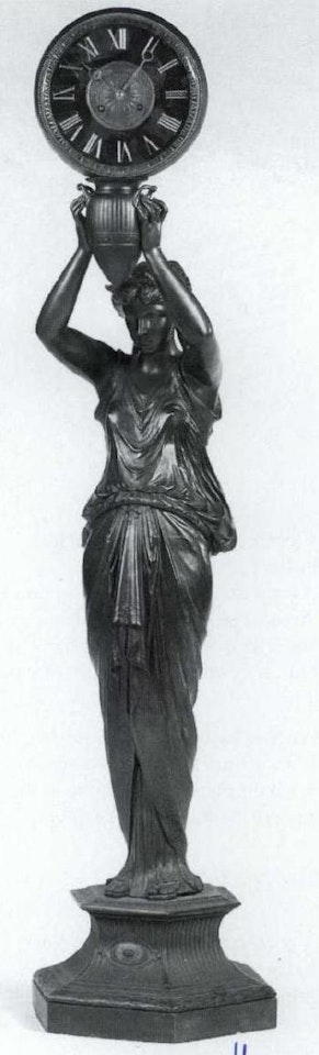 Standing female figure holding aloft a vase and clock by French School