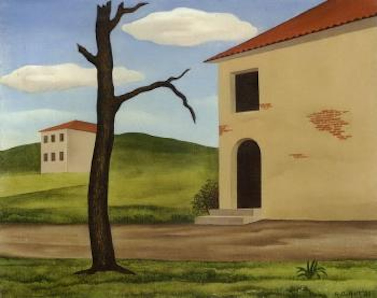 Landscape with building and leafless tree by George Copeland Ault