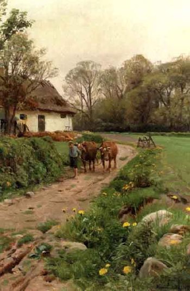 Small peasant boy pulling rope with two cows by Peder Mork Monsted