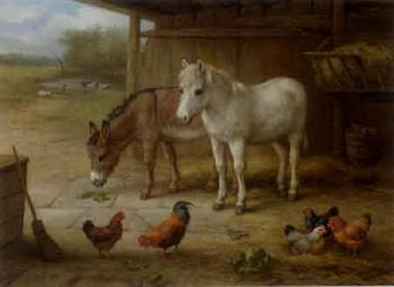 Animals in stable. Goat, two kids, geese and chickens by Edgar Hunt