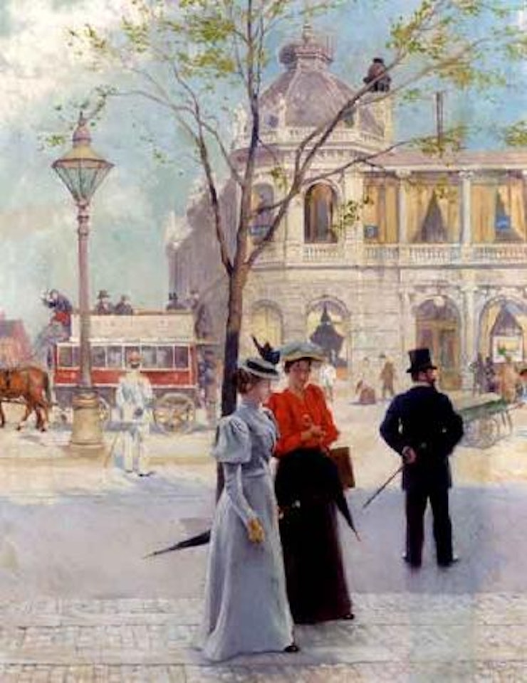 Spring day by the National Scala with two young ladies in foreground by Paul Fischer