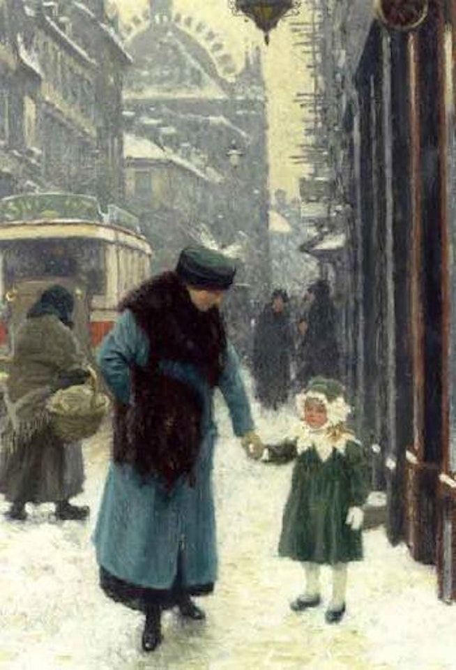 The artist's wife and daughter at Ostergade in winter by Paul Fischer