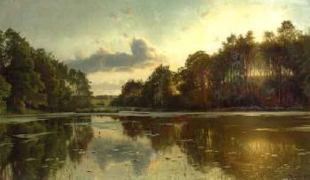 Evening lake landscape with swallow diving for insects by Peder Mork Monsted