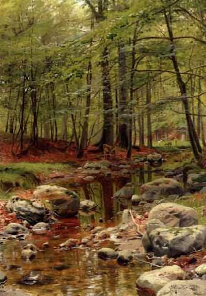 Spring wood with deer by brook by Peder Mork Monsted
