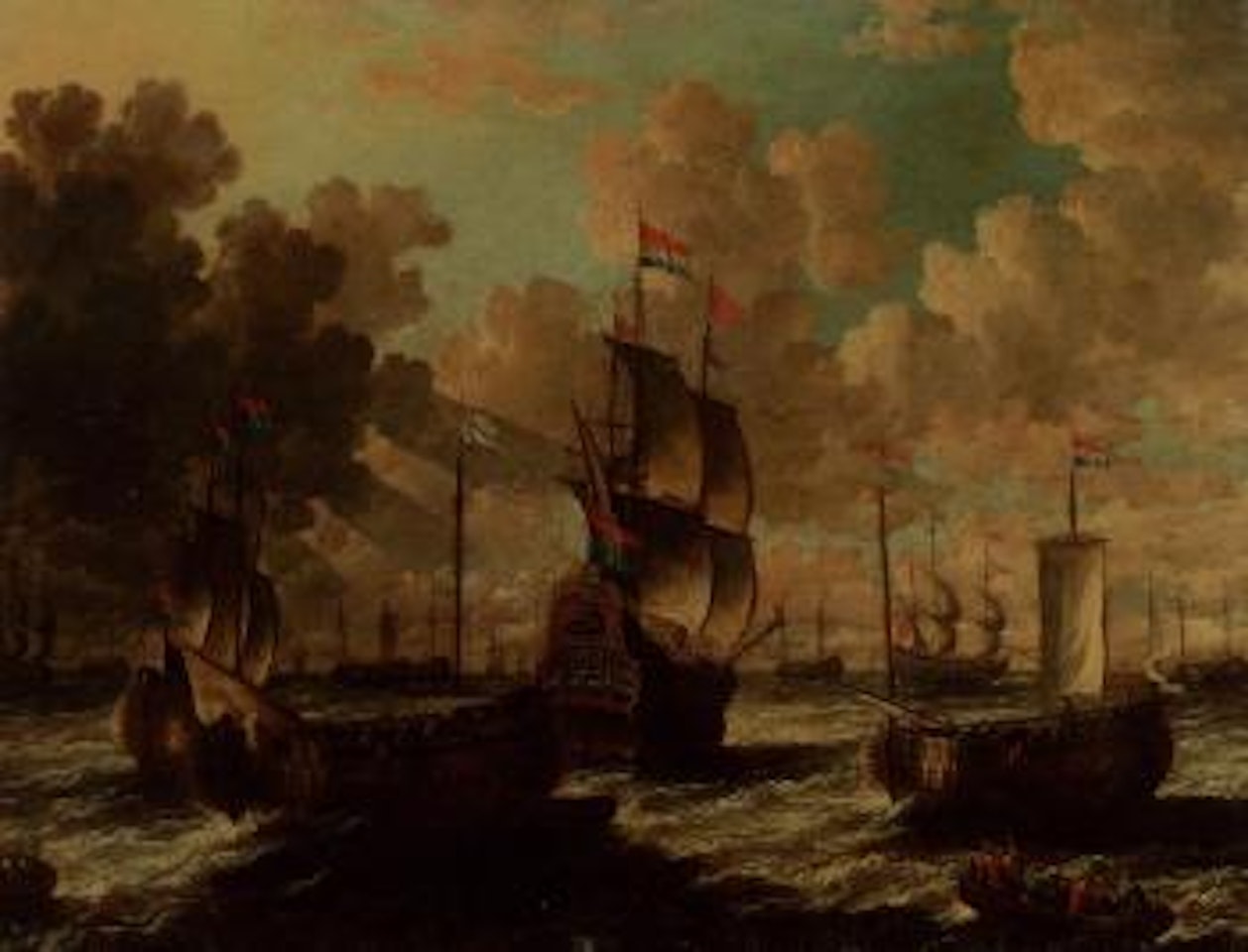 Dutch men-o-war in choppy waters by Pieter van de Velde