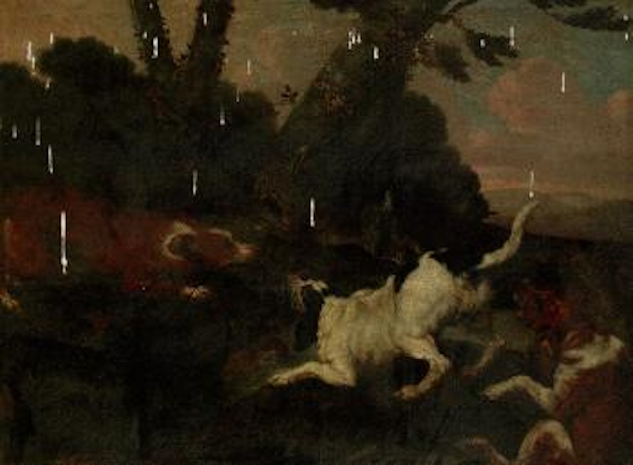 Hounds chasing a hare in a wooded landscape by Paul de Vos