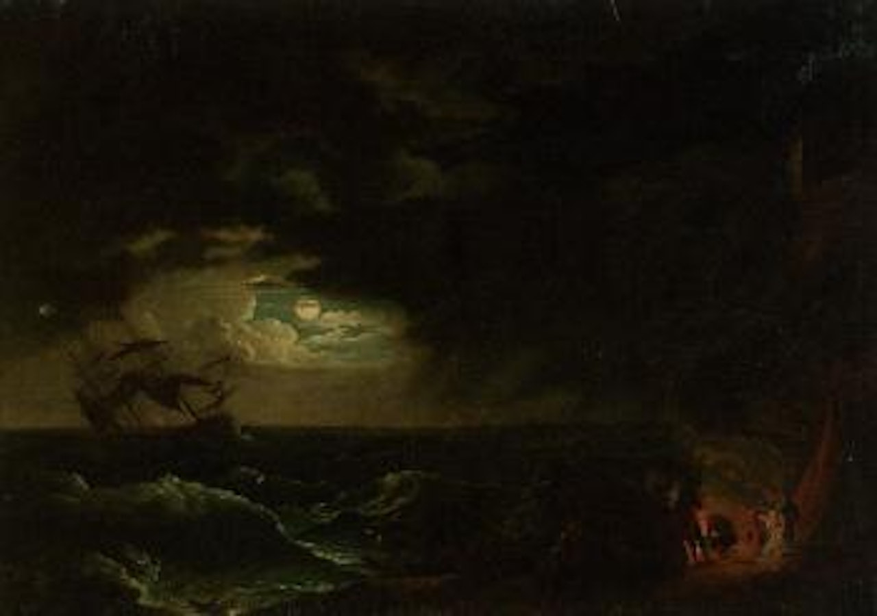 Stormy moonlit seascape with fishermen before a campfire by Claude Joseph Vernet