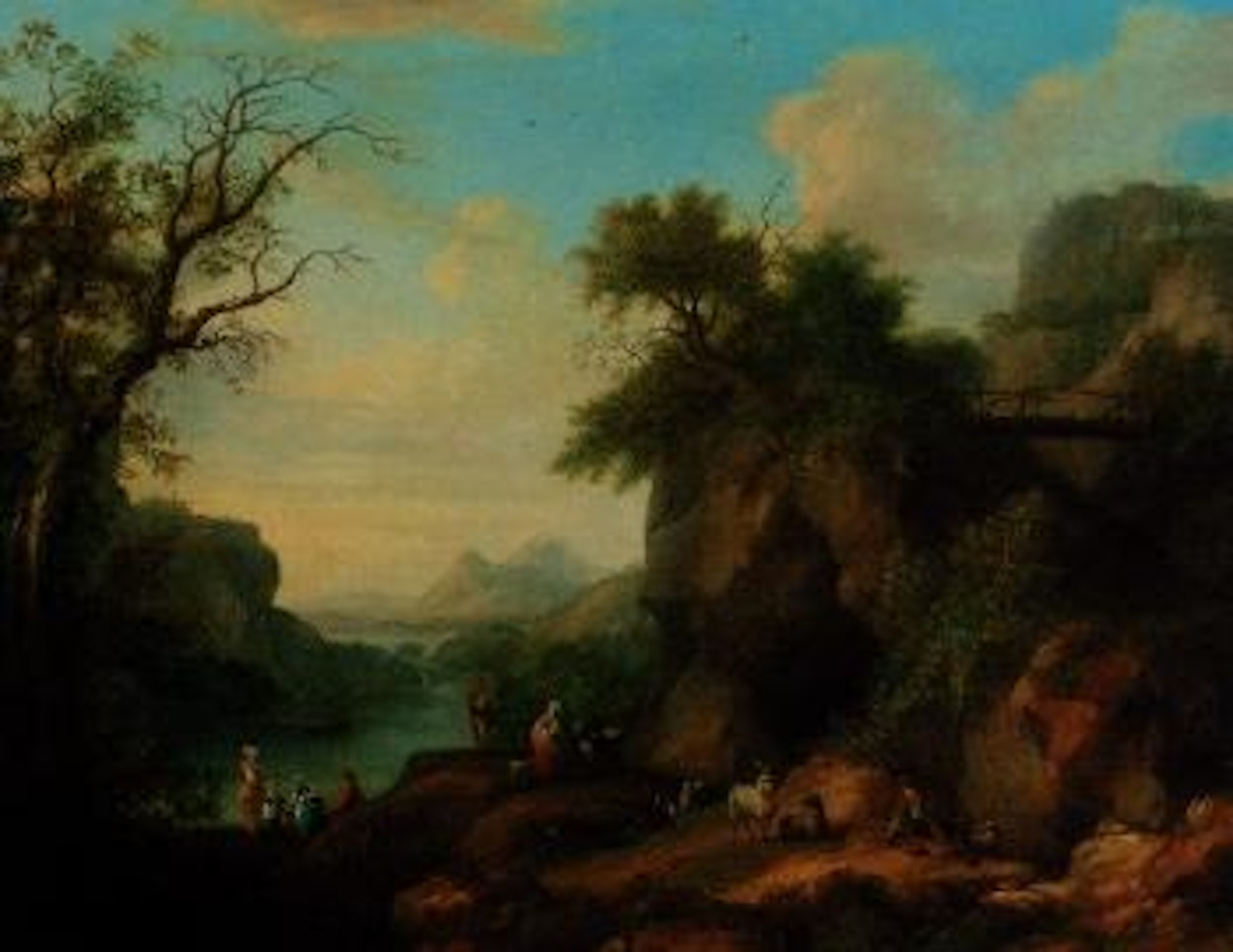 Mountainous wooded river landscape with goatherd and flock by Jacob Philipp Hackert