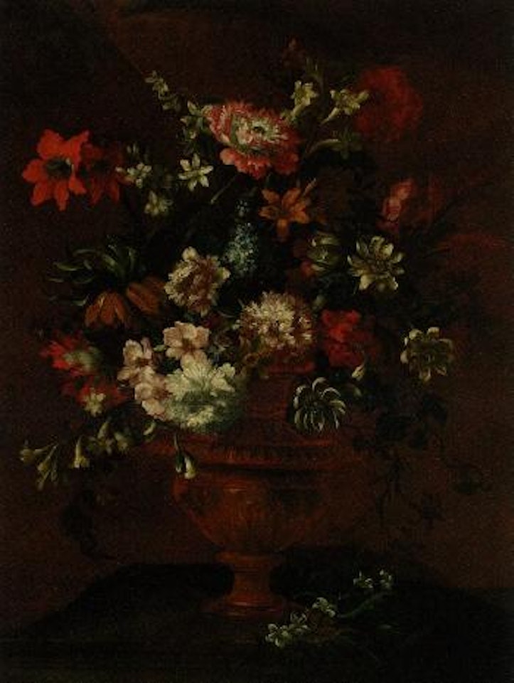 Roses, lemon blossom, poppies, narcissi and other flowers on a ledge by Jean Baptiste Monnoyer