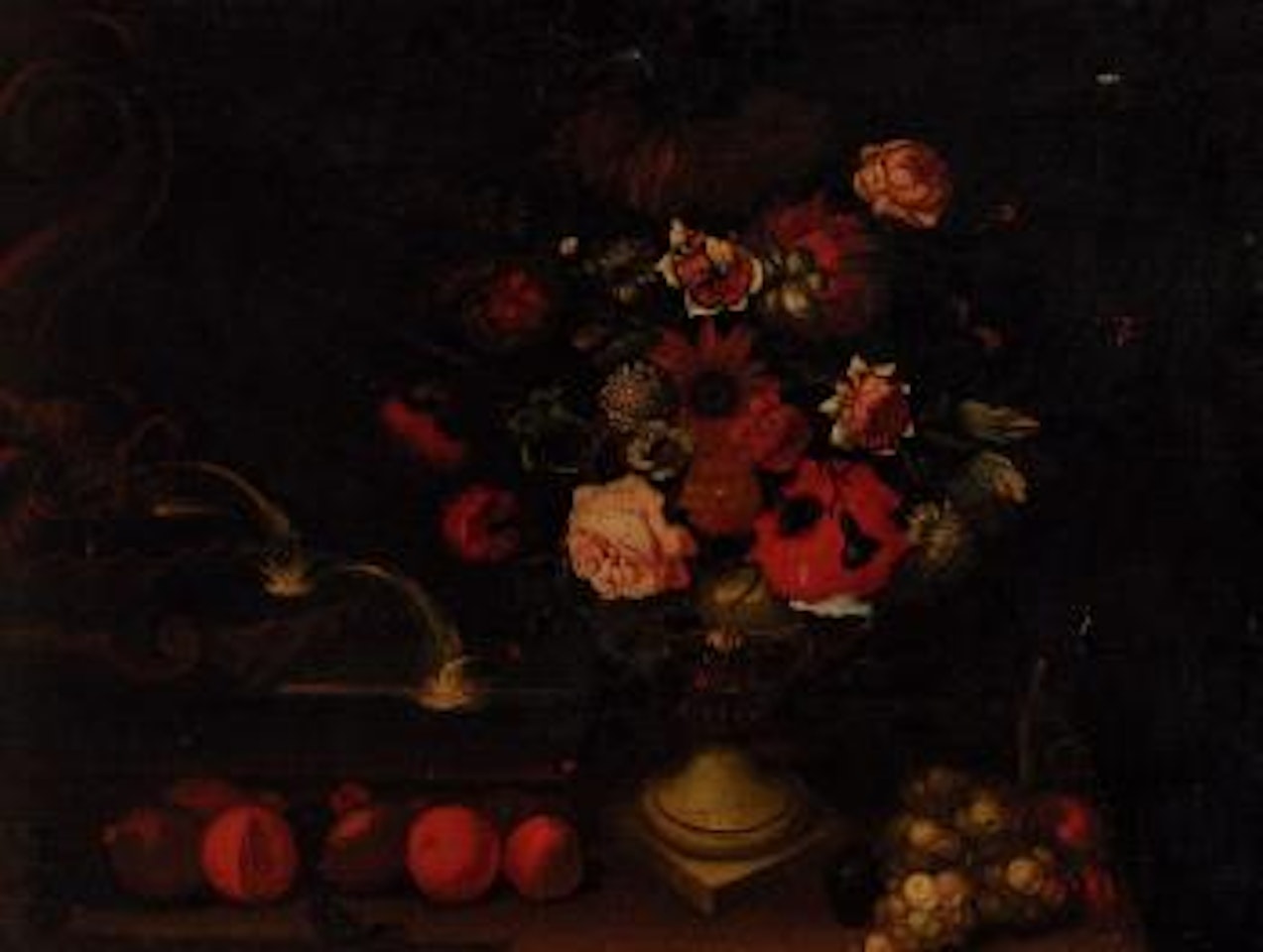 Still life of mixed flowers in an urn on a ledge with grapes and apples by Dutch School
