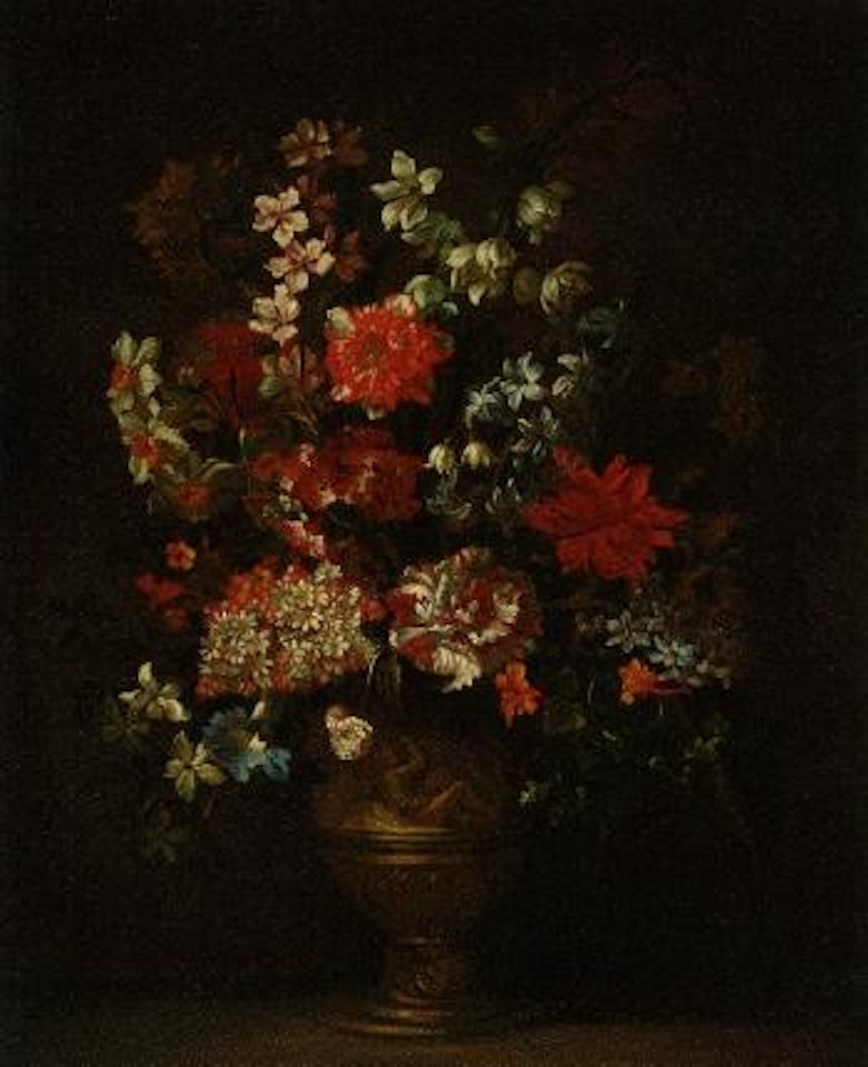 Still life roses, carnations, narcissi and other flowers in a vase on a ledge by Jean Baptiste Monnoyer