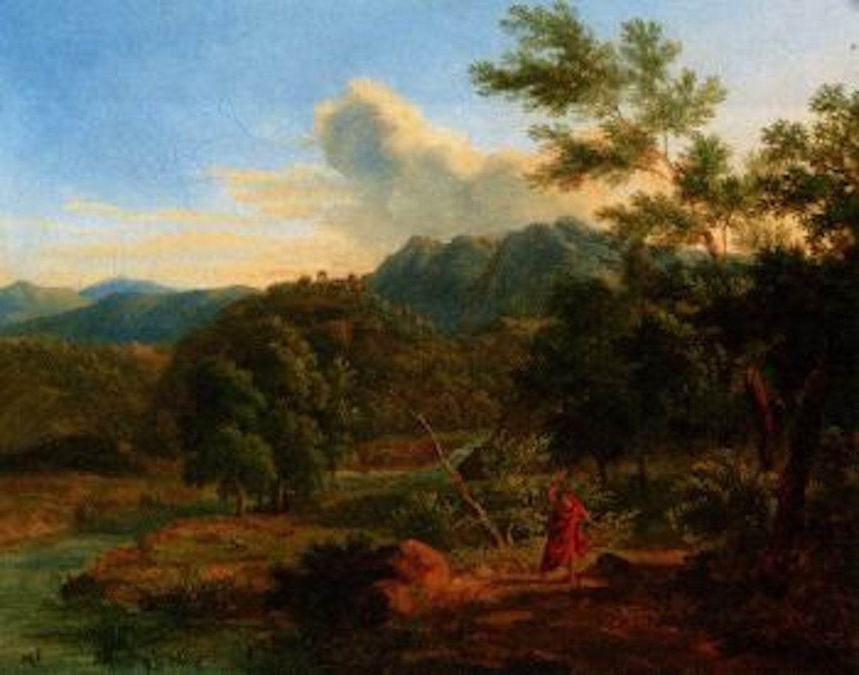 Classical landscape with a man fighting off a serpent by French School