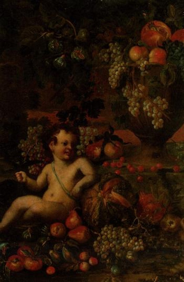 Putto amongst fruit in a landscape by Abraham Brueghel