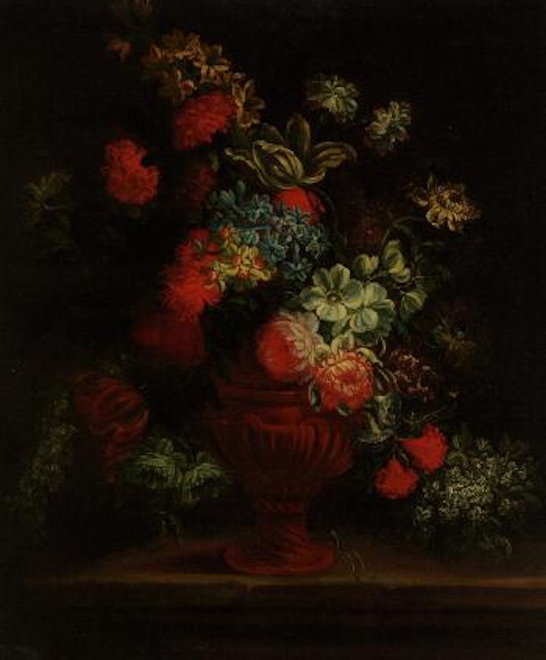 Roses, carnations, peonies, morning glory and other flowers in an urn by Jean Baptiste Monnoyer