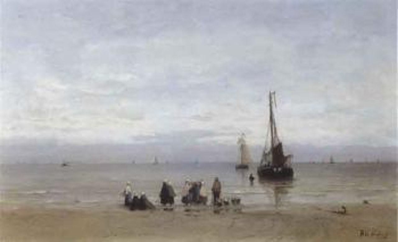 Fisherwoman standing by the catch on a calm day by Hendrik-Willem Mesdag