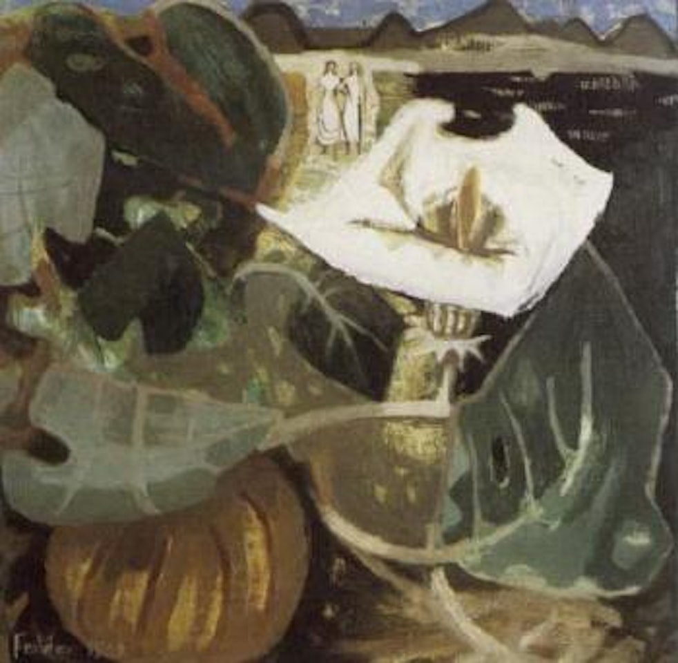 Figures in a mountain landscape by Mary Fedden