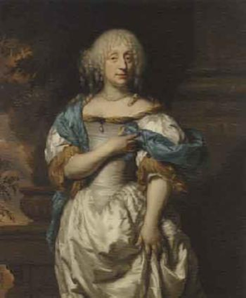 Portrait of lady in white dress and blue shawl by Nicolaes Maes