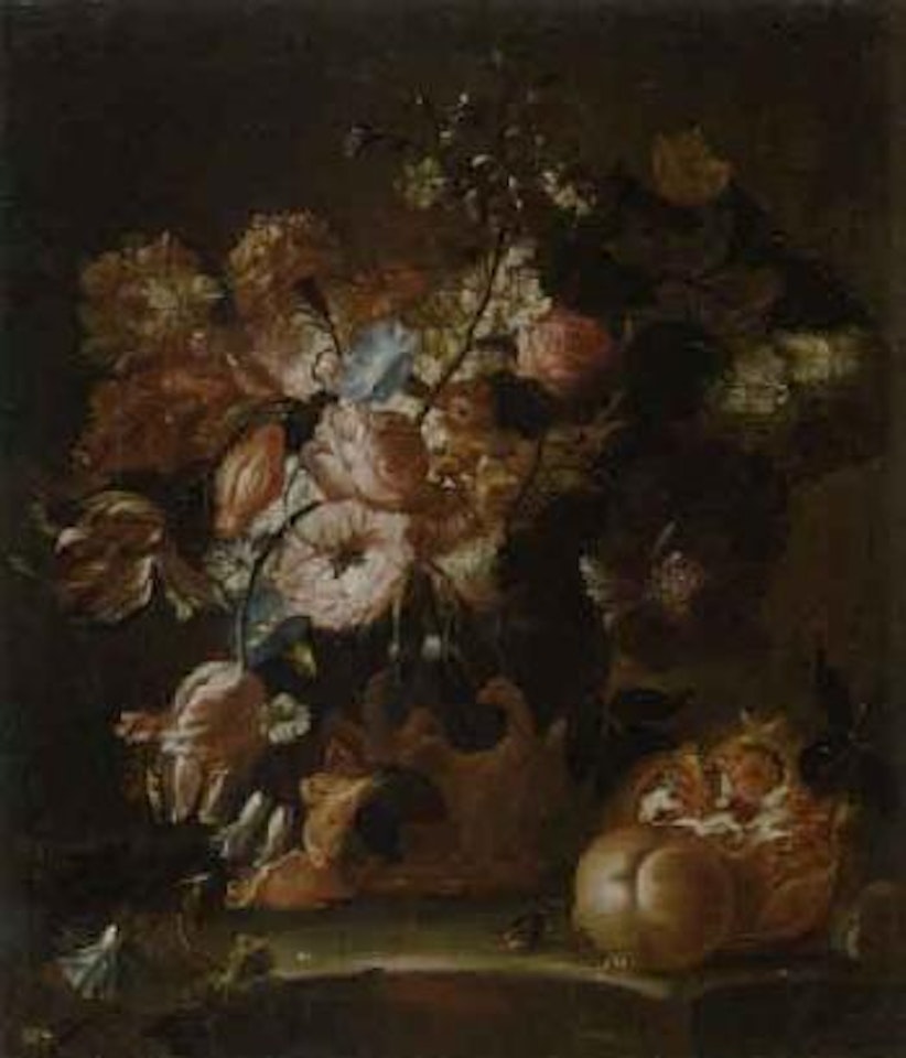 Flowers in sculpted urn with fruit on stone ledge by Franz Werner von Tamm