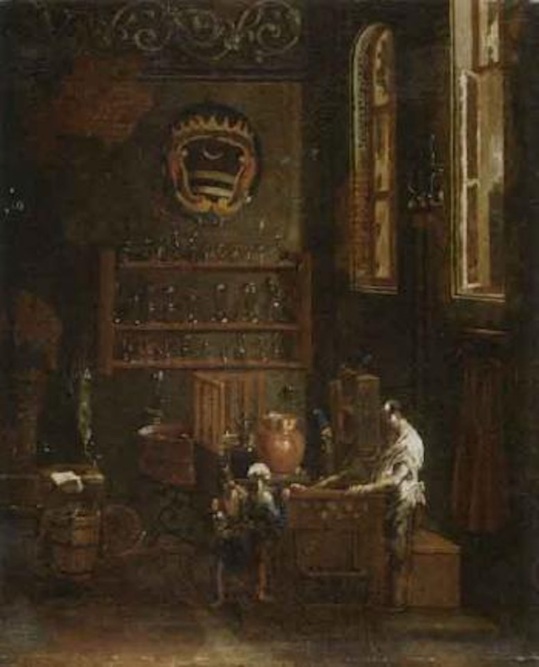 Children at a pharmacist with coat-of-arms on far wall by Alessandro Magnasco