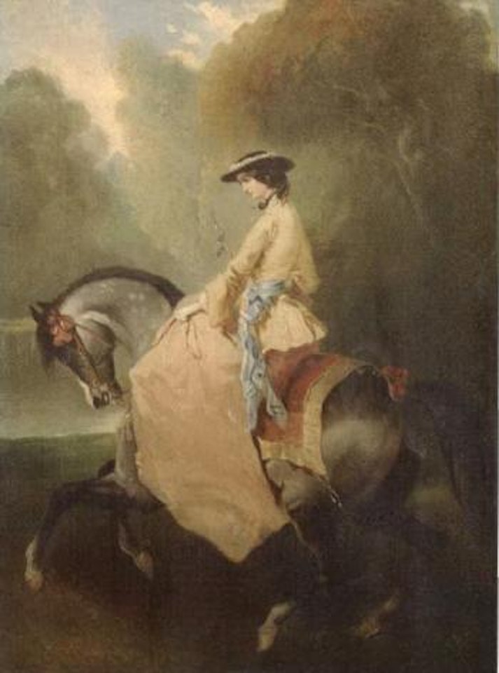 Elegant lady on horseback by Alfred de Dreux