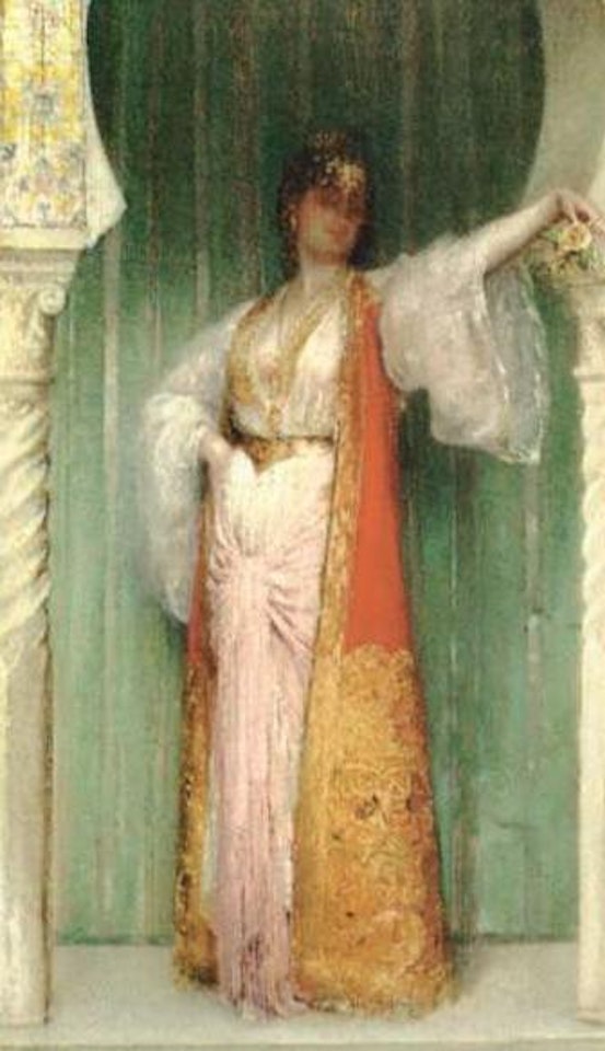 Oriental beauty standing in alcove by Edouard Frederic W. Richter