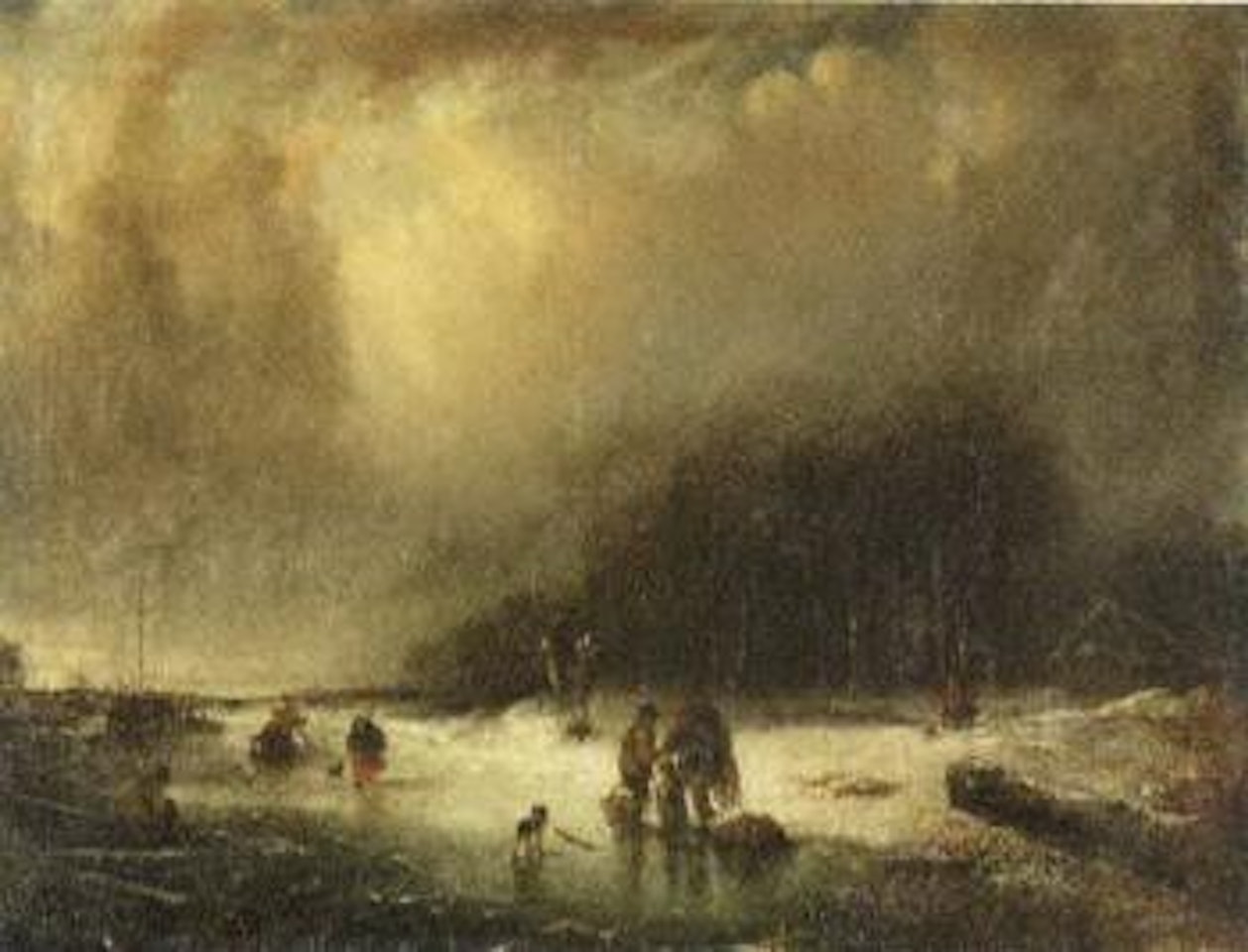 Figures in frozen landscape by Dutch School