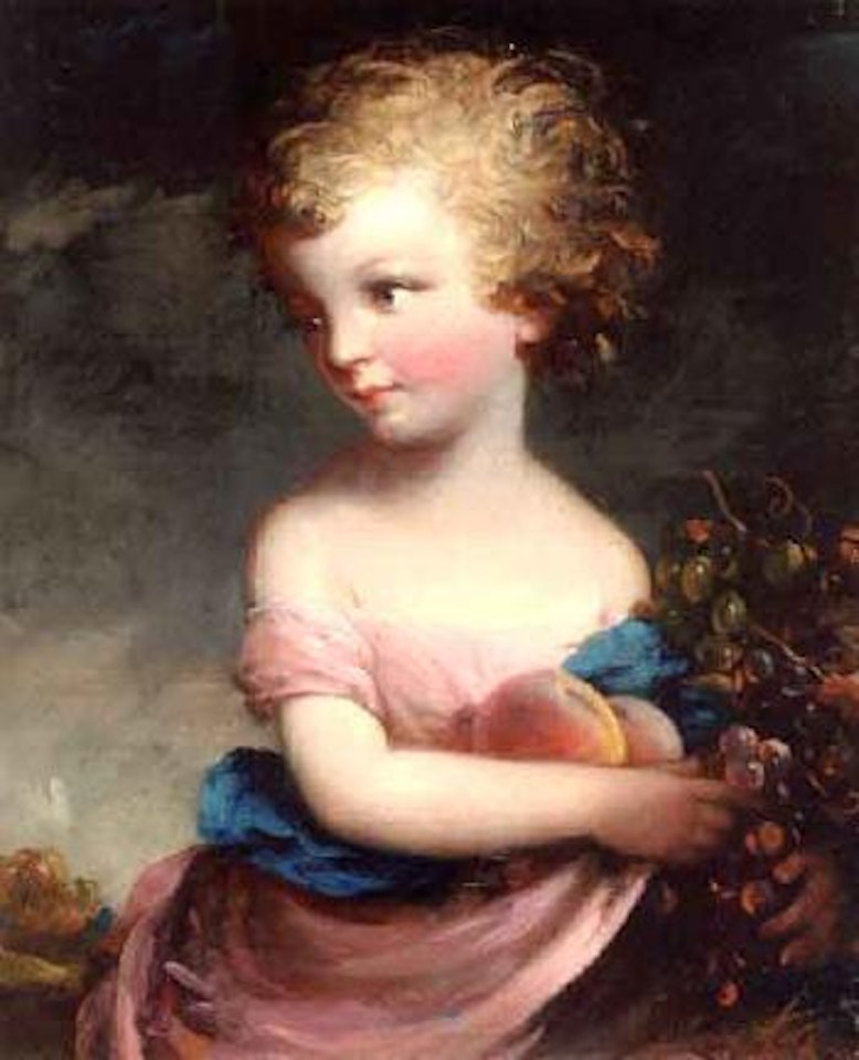 Small girl with fruit in her skirt by English School